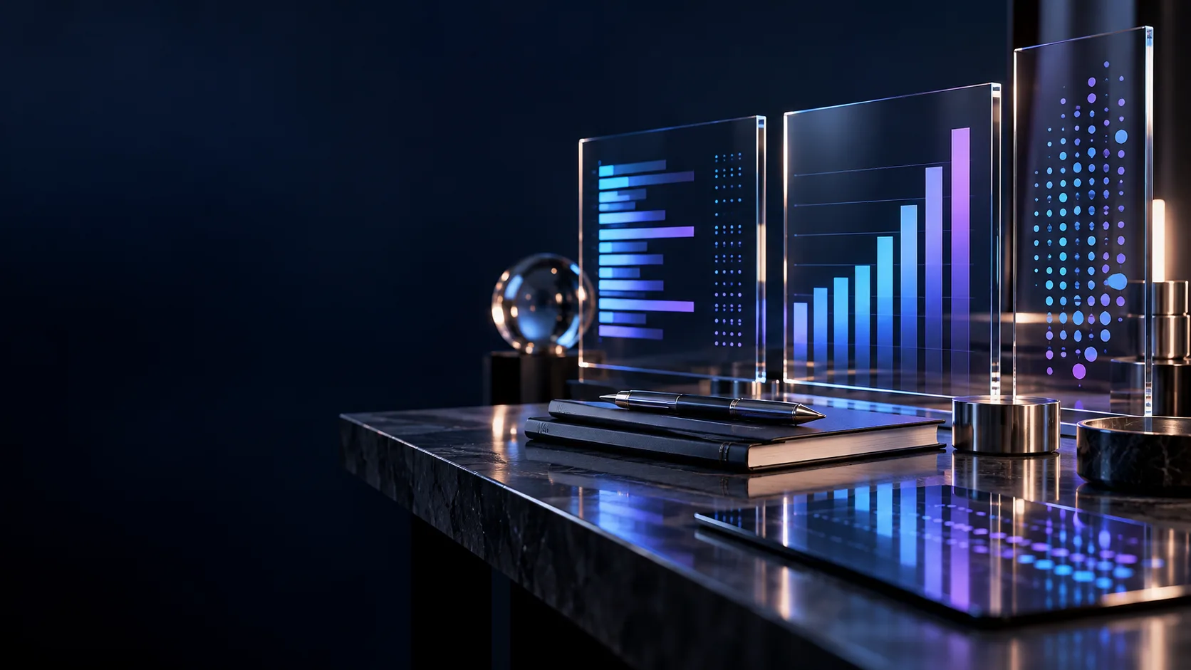 Glass research panels displaying abstract comparison charts